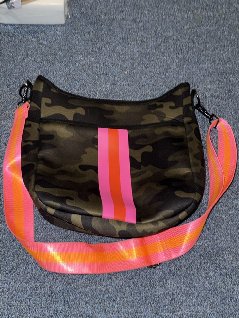 Camouflage Crossbody Bag with Pink & Orange Stripe